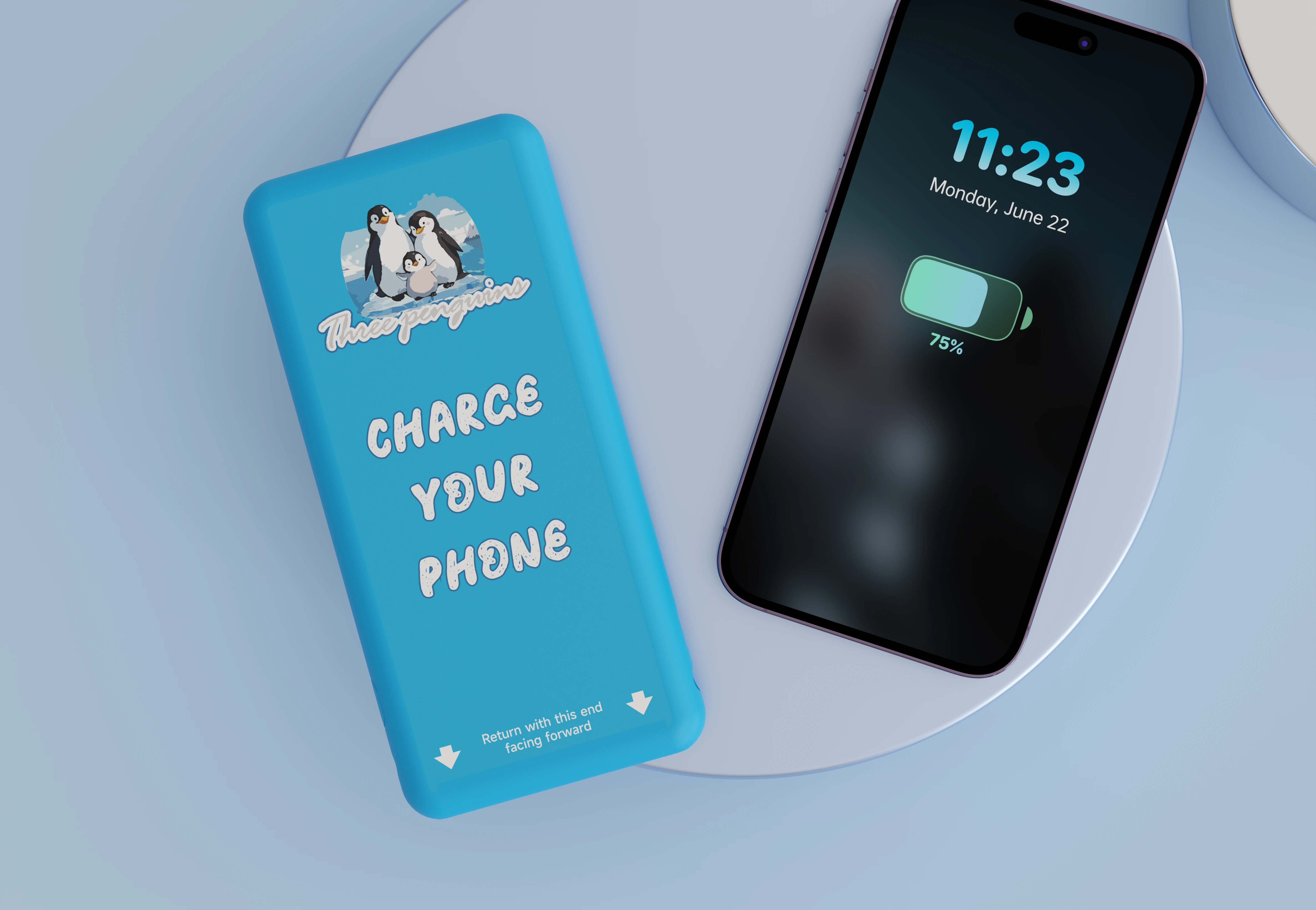 Three Penguins power bank and phone